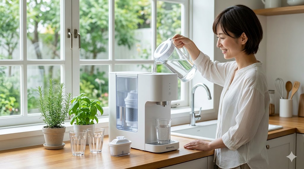 浄水型ウォーターサーバーのタンクに水を注ぐ50代女性