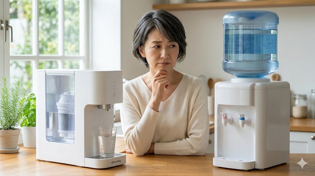 浄水型と宅配ボトル型のウォーターサーバーで迷う50代女性