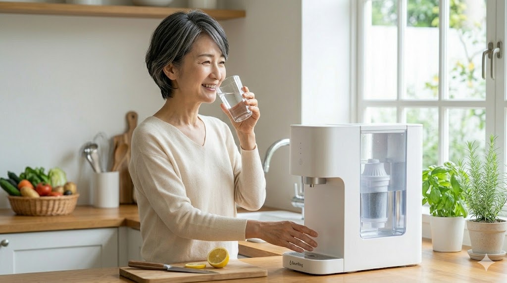浄水型ウォーターサーバーの水をおいしそうに飲む50代女性