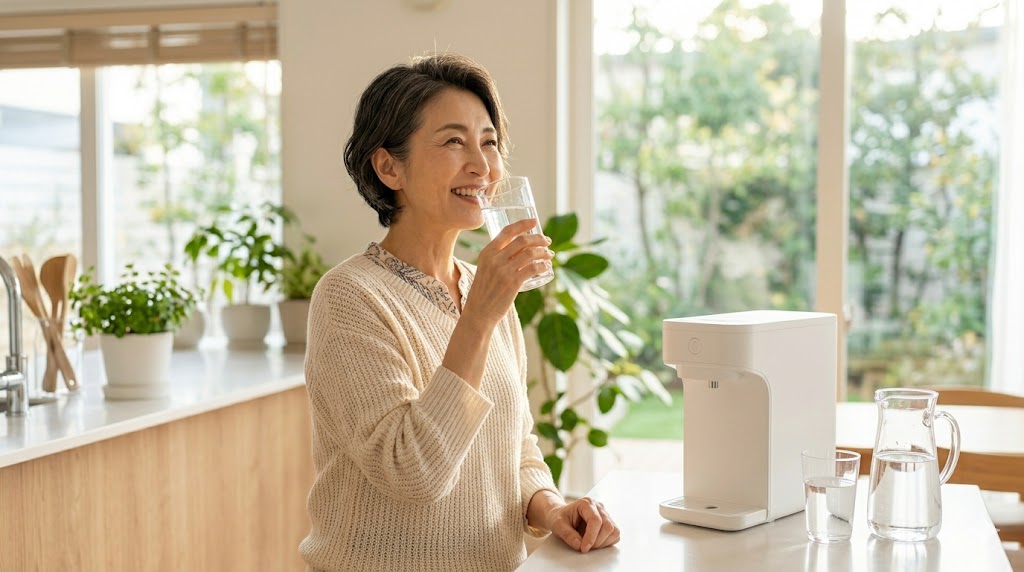 おいしそうにLoccaの水をコップで飲む女性