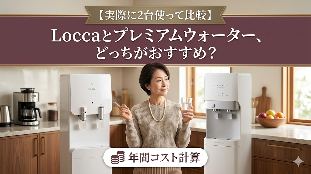 Loccaとプレミアムウォーターを比較している女性のイメージ