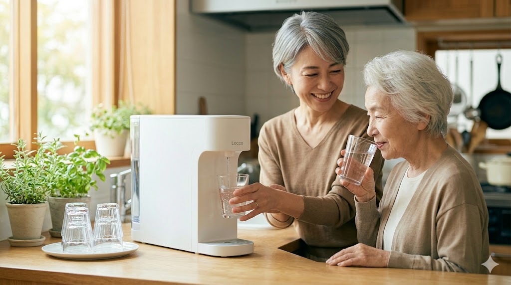 高齢の母親と50代女性がおいしそうにLoccaの水を飲むイメージ