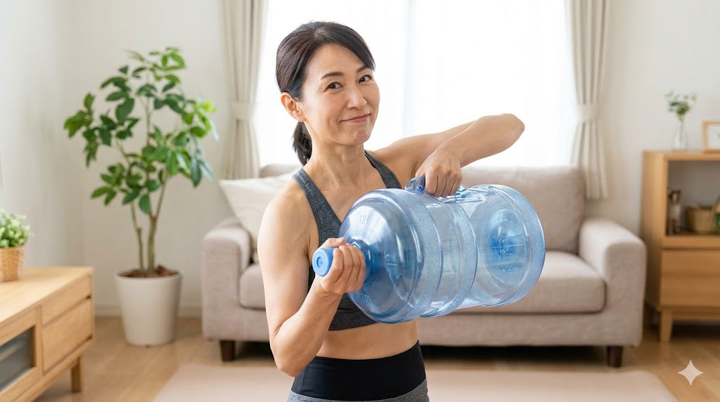 50代の女性がウォーターサーバーのボトルで筋トレしているイメージ