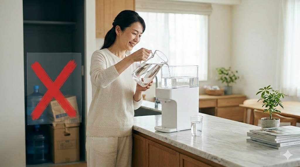 浄水型ウォーターサーバーで快適な生活を送る50代女性のイメージ