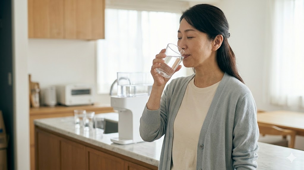 浄水型ウォーターサーバーでおいしい水を飲んでいる嬉しそうな50代女性
